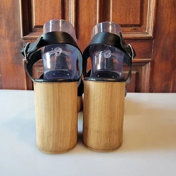 Anthropologie Silent D Italian Black Leather Wooden Fisherman Heels Sz 41 - Picture 5 of 11